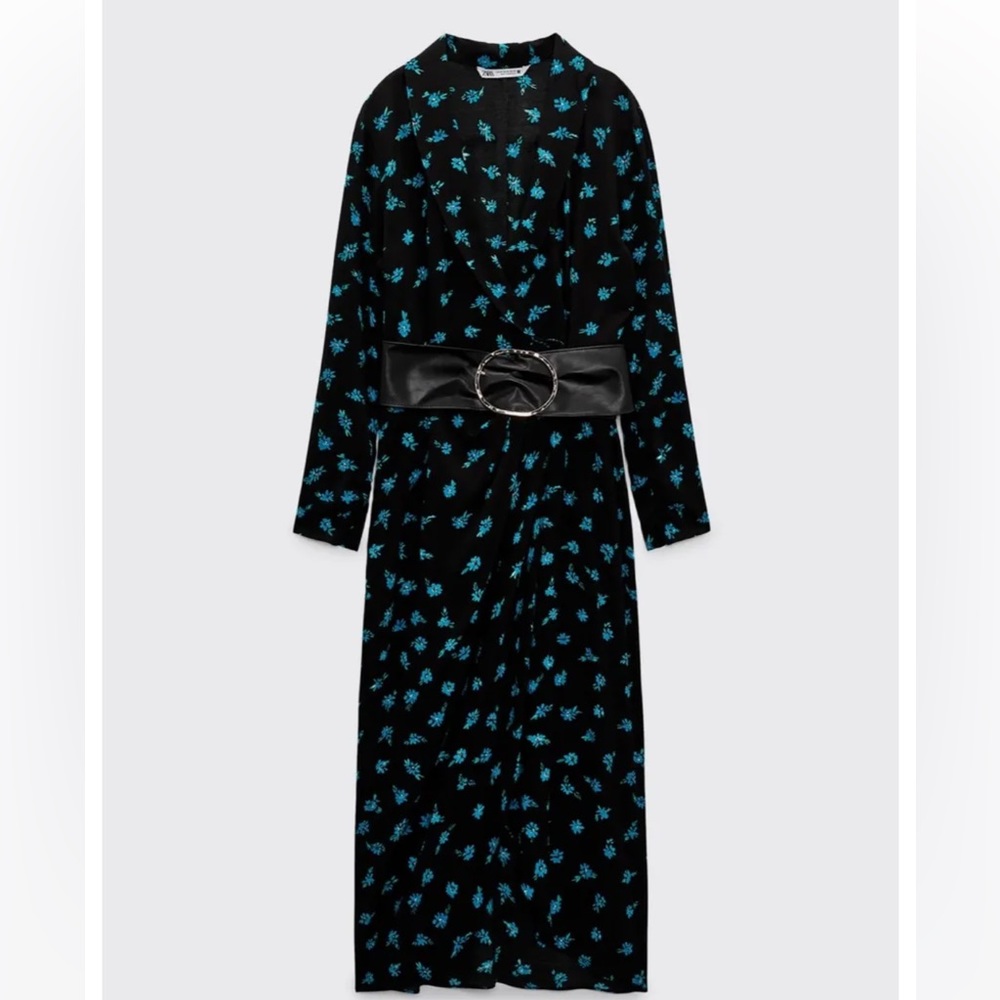ZARA Blue Floral Wrap Belted Dress - NO belt